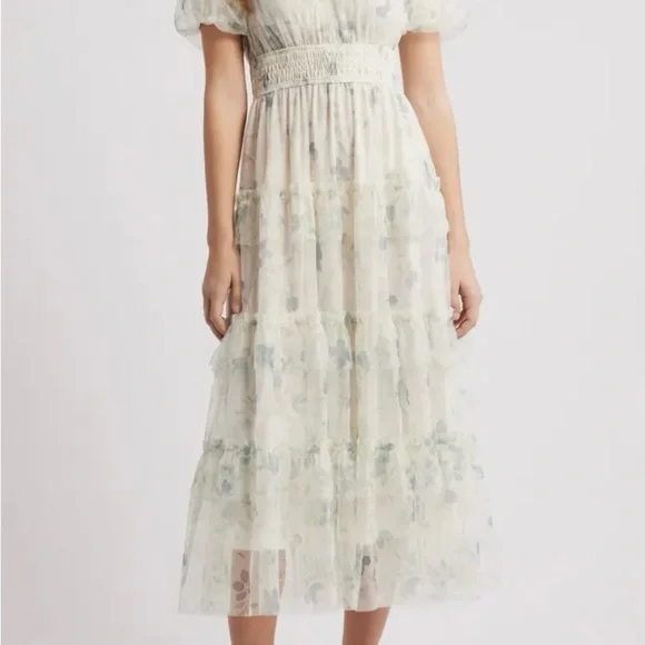 knee length dresses for ladies Embroidery Detail Shirred Bodice Midi Dress main image 1